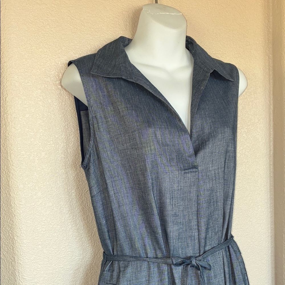 BEAUTIFUL Lustrous Blue Linen Dress, Sleeveless Pockets, Belt, Side Slits L EUC - Picture 6 of 16